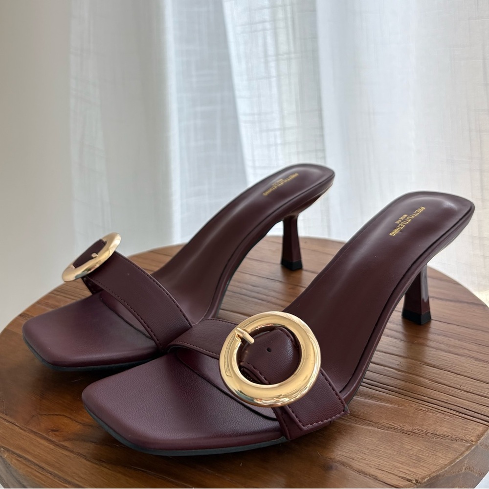 PrettyLittleThing Burgundy Heels with Gold Ring Detail
